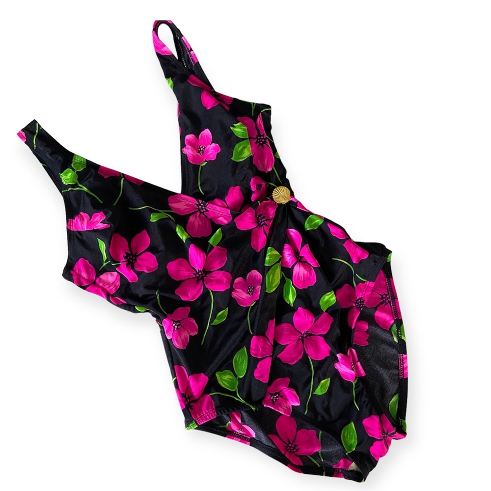 Vintage Shore Shapes Black Pink Floral One Piece Swimsuit 10